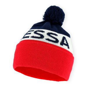Dressa feliratos bojtos kötött téli sapka - piros-fehér-sötétkék